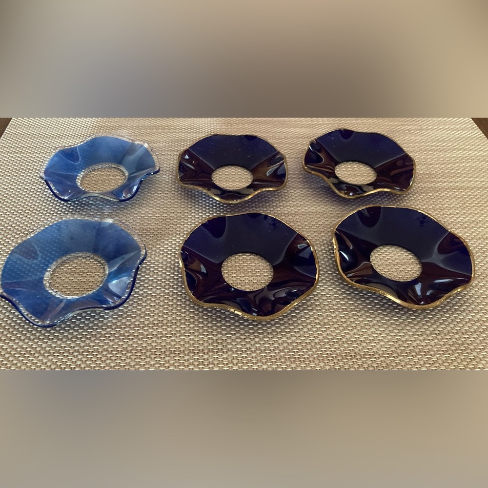 2 types of glass Bobeches: set of 4 dark blue w/gold edge; set of 2 light blue